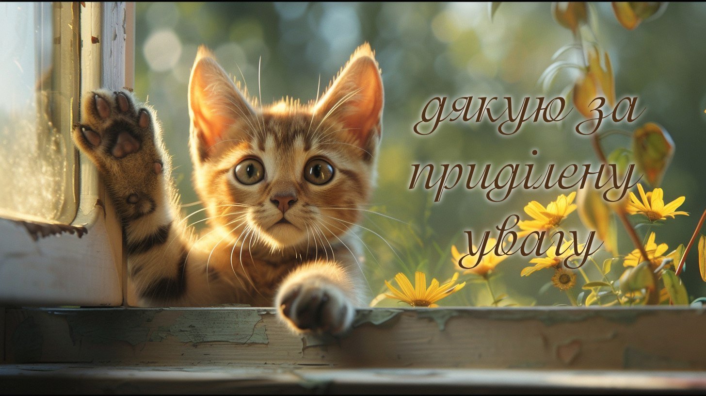 Дякую за увагу, картинка з милим котим